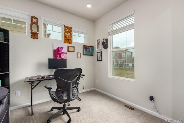 view of carpeted home office