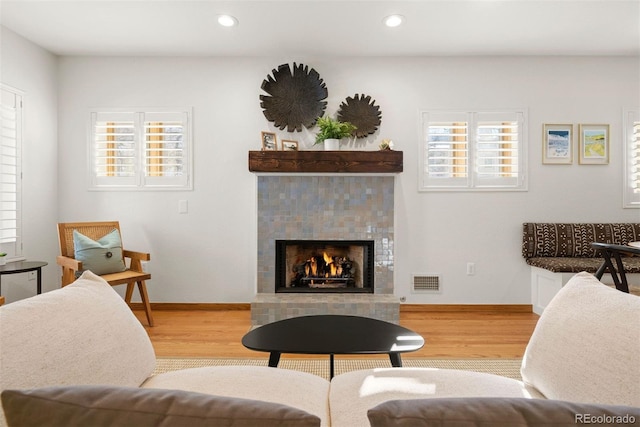 living room with hardwood / wood-style flooring and a fireplace