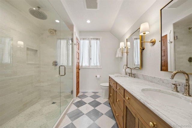 bathroom featuring toilet, a shower with door, vanity, and vaulted ceiling