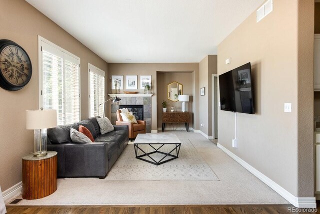 2214 E 101st Ave, Thornton, CO 80229 - living room featuring a fireplace and light wood-style floors
