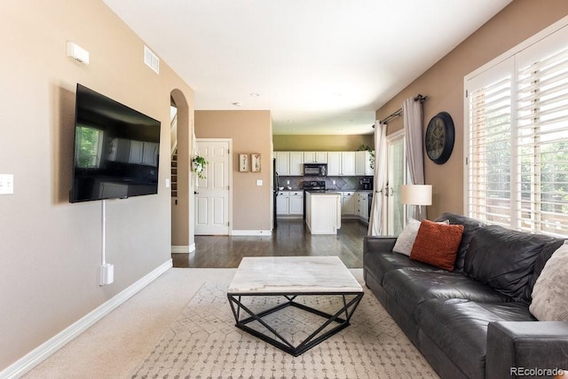 2214 E 101st Ave, Thornton, CO 80229 - living room featuring arched walkways and dark wood-style floors