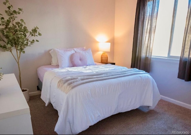 bedroom with dark colored carpet