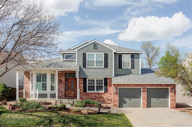 tri-level home featuring brick siding, driveway, roof with shingles, and a garage