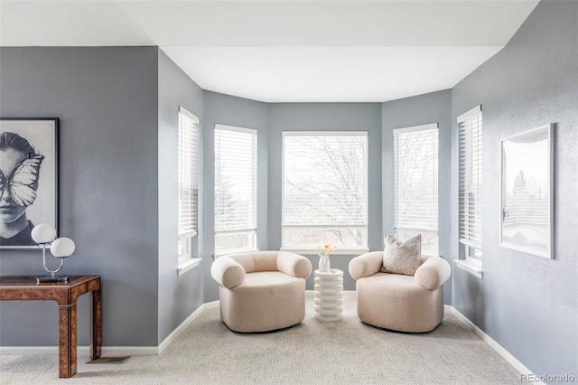 living area with carpet flooring and baseboards