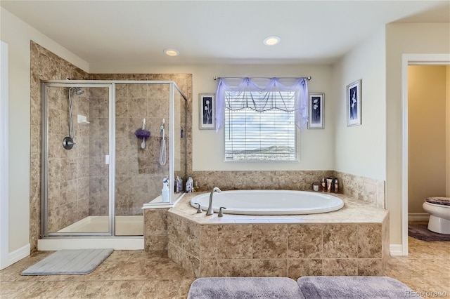 bathroom featuring independent shower and bath, toilet, and tile patterned floors