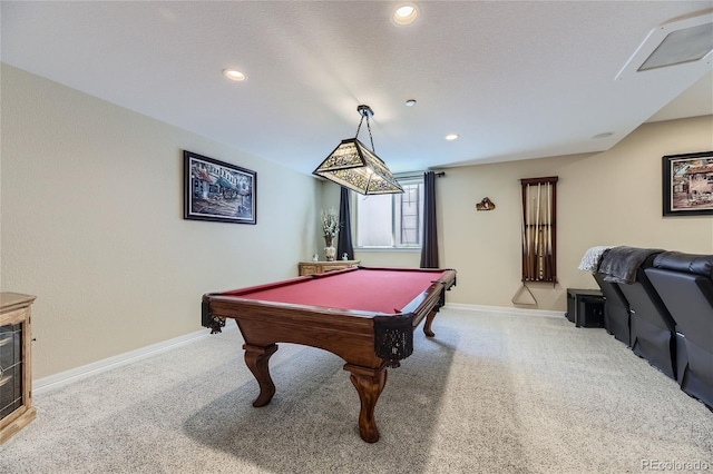 rec room with light colored carpet and billiards