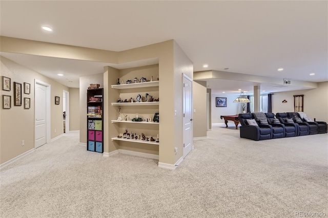 interior space featuring light carpet and billiards