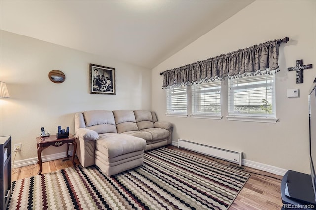 living room featuring a baseboard radiator, vaulted ceiling, and hardwood / wood-style floors