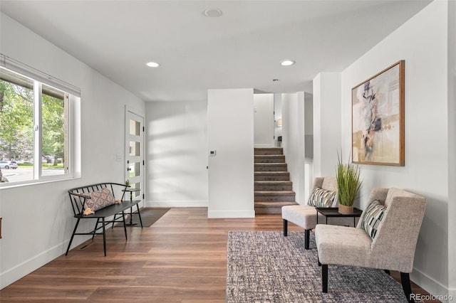 3545 Moorhead Ave, Boulder, CO 80305 - sitting room featuring stairway, wood finished floors, baseboards, and recessed lighting