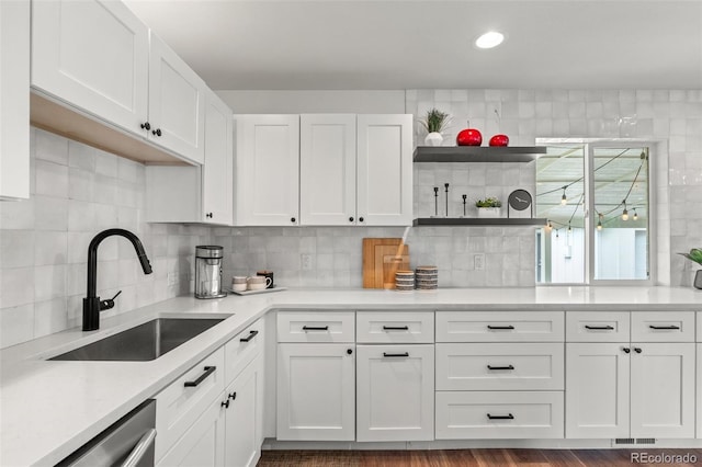 3545 Moorhead Ave, Boulder, CO 80305 - kitchen with a sink, white cabinets, stainless steel dishwasher, open shelves, and light countertops