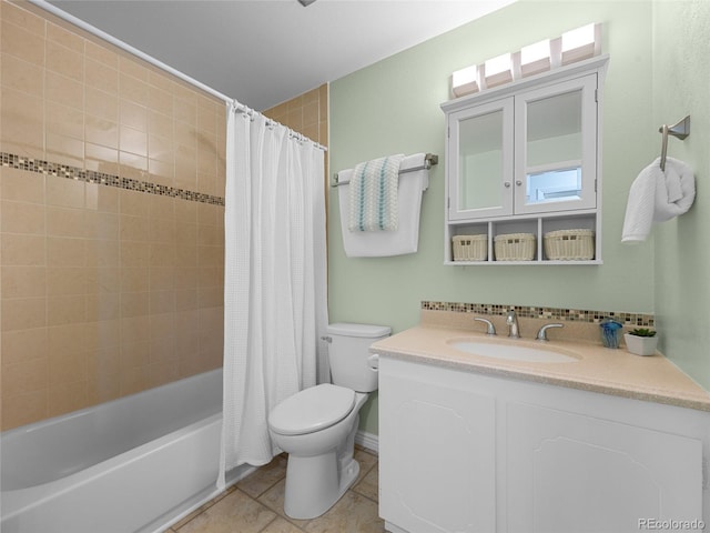 4779 S Owens Way, Littleton, CO 80127 - bathroom featuring toilet, vanity, shower / bath combo with shower curtain, and tile patterned flooring