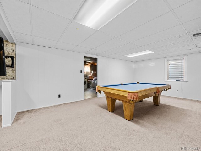 4779 S Owens Way, Littleton, CO 80127 - recreation room featuring carpet flooring, a drop ceiling, pool table, and washer and dryer