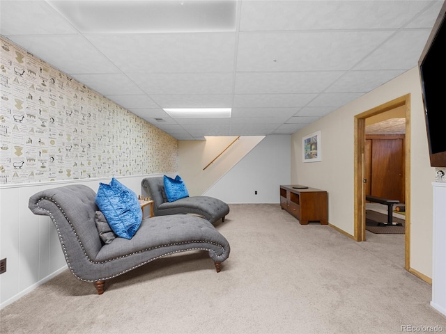 4779 S Owens Way, Littleton, CO 80127 - sitting room featuring carpet flooring, a paneled ceiling, stairway, and baseboards