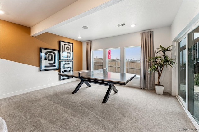 16655 W 93rd Pl, Arvada, CO 80007 - recreation room with carpet, baseboards, recessed lighting, and beamed ceiling