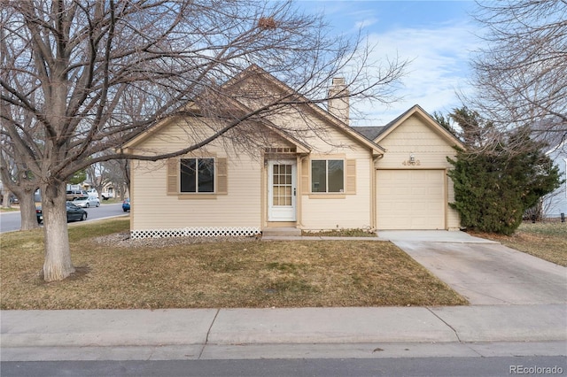 bungalow-style home featuring a chimney, entry steps, concrete driveway, a front lawn, and a garage