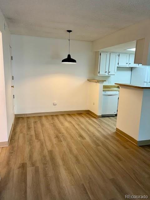 4400 S Quebec St Unit 102R, Denver, CO 80237 - unfurnished dining area featuring light wood-type flooring, baseboards, and a textured ceiling