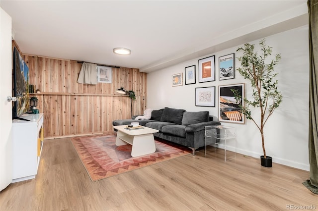 4520 S Delaware St, Englewood, CO 80110 - living area featuring wood walls, light wood-type flooring, and baseboards