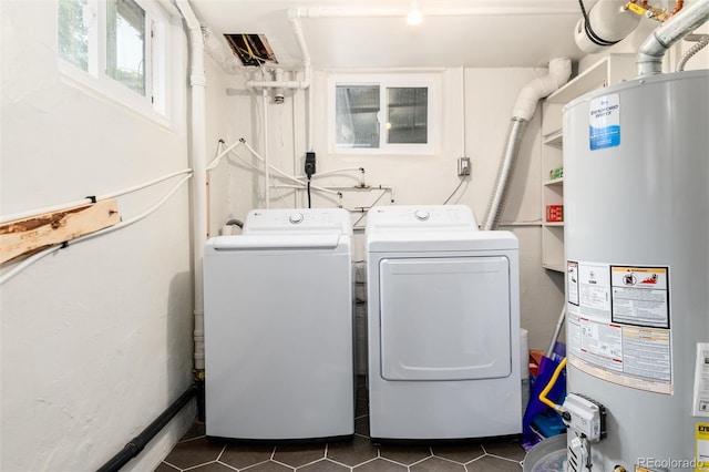 4520 S Delaware St, Englewood, CO 80110 - washroom featuring gas water heater, independent washer and dryer, and dark tile patterned floors