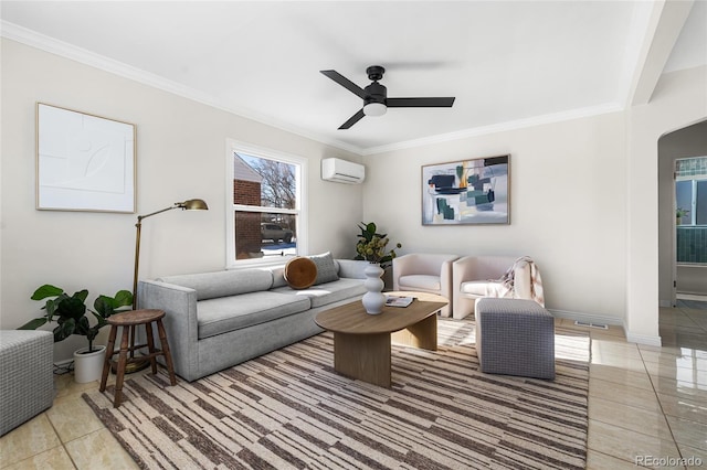 living room with crown molding, ceiling fan, and a wall mounted AC