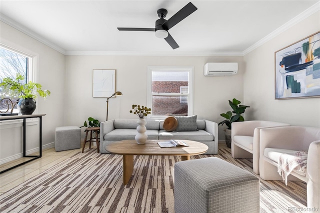 living room featuring crown molding, an AC wall unit, ceiling fan, and light tile patterned flooring