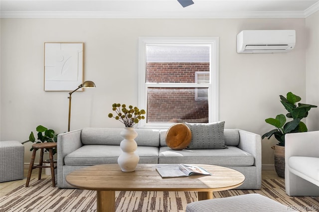 living room with crown molding and a wall mounted AC