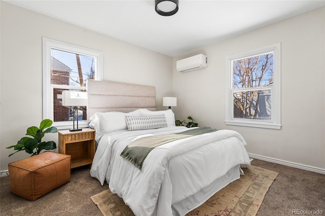 carpeted bedroom featuring a wall unit AC