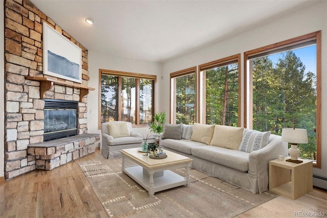 living room with a stone fireplace and wood finished floors