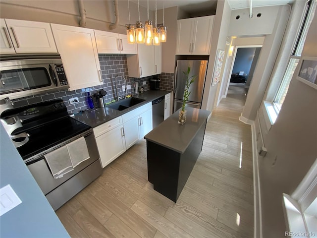 444 17th St Unit 508, Denver, CO 80202 - kitchen with appliances with stainless steel finishes, tasteful backsplash, dark countertops, and white cabinets
