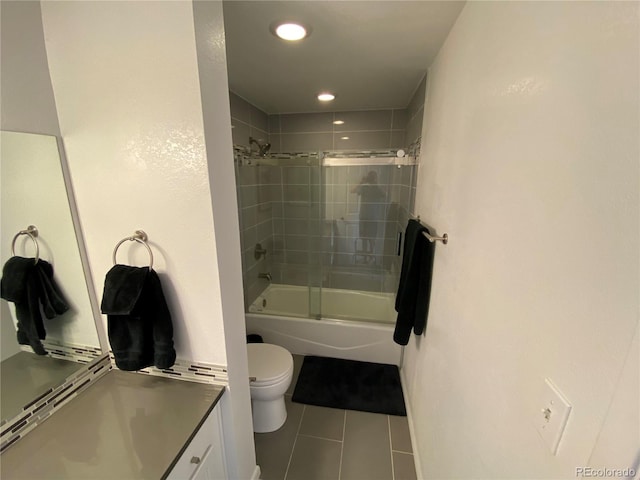 444 17th St Unit 508, Denver, CO 80202 - full bath with tile patterned floors, vanity, shower / bath combination, and recessed lighting