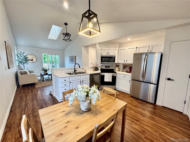 4036 S Himalaya Cir, Aurora, CO 80013 - kitchen featuring stainless steel appliances, a sink, a skylight, a peninsula, and dark wood finished floors