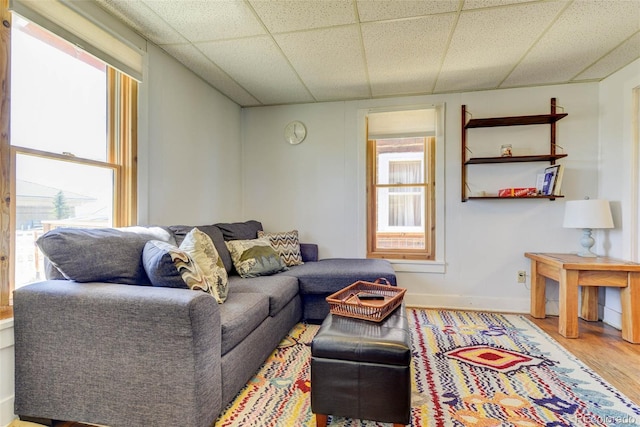 140 Eighth St, Fairplay, CO 80440 - living room featuring wood finished floors, a paneled ceiling, and baseboards