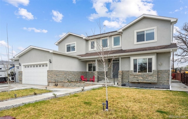 3165 W 63rd Ave, Denver, CO 80221 - traditional-style home featuring an attached garage, stucco siding, stone siding, and a front lawn