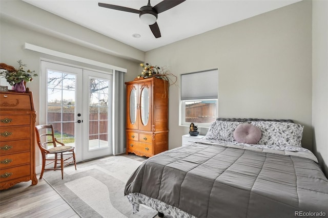 3165 W 63rd Ave, Denver, CO 80221 - bedroom featuring ceiling fan, french doors, access to exterior, and light wood-style flooring