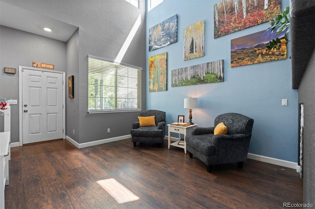 16086 E 97th Pl, Commerce City, CO 80022 - living area featuring wood finished floors, a high ceiling, and a textured wall