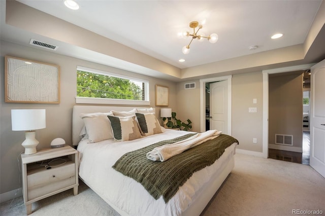 3690 W Byron Pl, Denver, CO 80211 - bedroom featuring light carpet, a chandelier, and recessed lighting