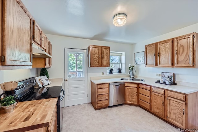 2854 Eliot St, Denver, CO 80211 - kitchen featuring a sink, light floors, under cabinet range hood, black range with electric stovetop, and stainless steel dishwasher