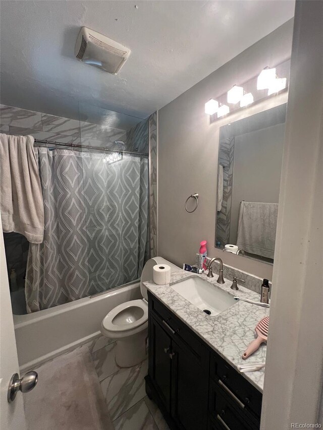 2655 Pontiac St, Denver, CO 80207 - full bath featuring vanity, shower / bath combo with shower curtain, and toilet
