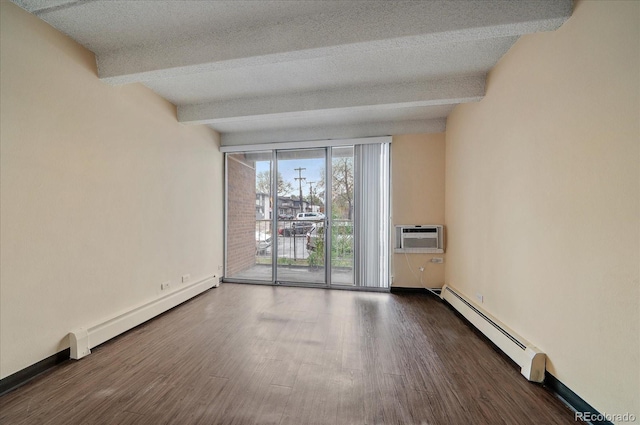 empty room with a baseboard heating unit, beamed ceiling, wood finished floors, an AC wall unit, and a baseboard radiator