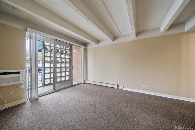 empty room with a baseboard heating unit, beamed ceiling, carpet, baseboards, and cooling unit
