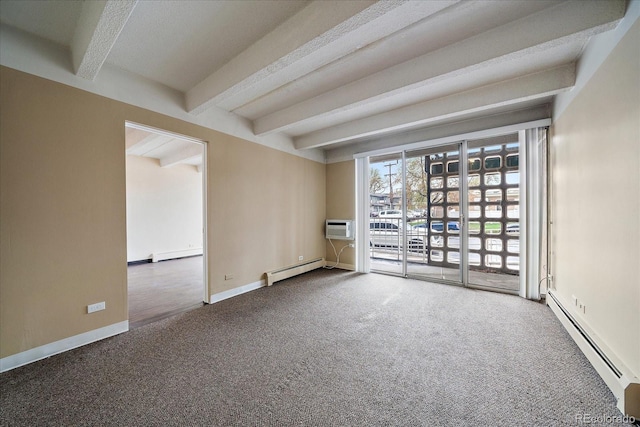 unfurnished room featuring a baseboard heating unit, beamed ceiling, carpet, baseboard heating, and baseboards