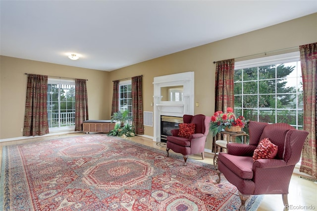 31 N Algonquian St, Aurora, CO 80018 - living room featuring a glass covered fireplace, wood finished floors, and baseboards