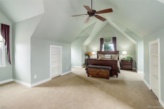 31 N Algonquian St, Aurora, CO 80018 - carpeted bedroom featuring lofted ceiling, baseboards, and a ceiling fan