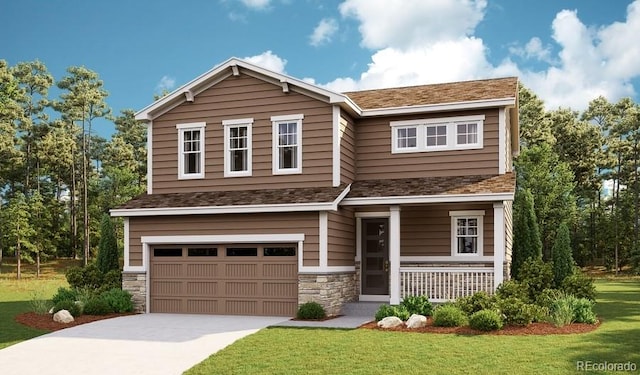 craftsman-style house with an attached garage, a shingled roof, stone siding, driveway, and a front lawn