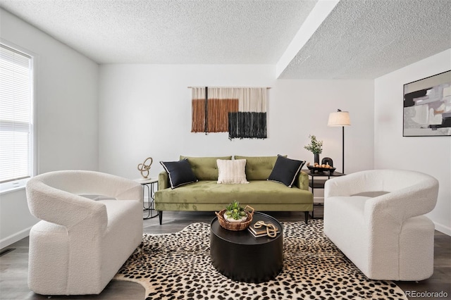 living room featuring wood finished floors, baseboards, and a textured ceiling