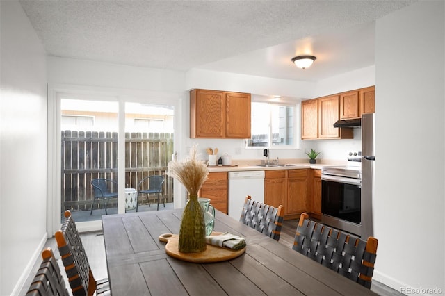 kitchen featuring under cabinet range hood, a sink, light countertops, stainless steel electric range oven, and dishwasher