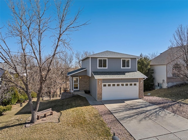 view of front of property featuring a garage, brick siding, concrete driveway, and a front lawn