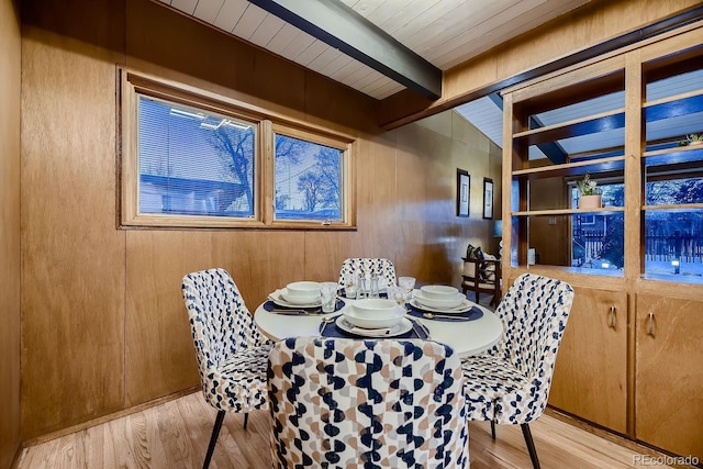 dining space featuring beamed ceiling, wooden walls, light hardwood / wood-style flooring, and wooden ceiling