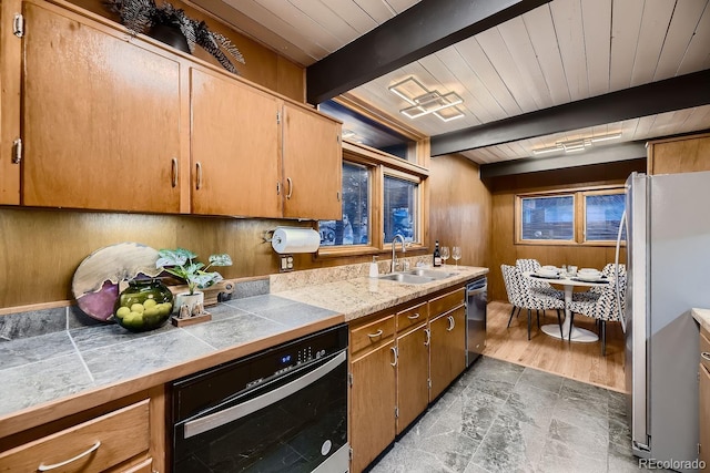 kitchen with sink, wood ceiling, wooden walls, stainless steel appliances, and beam ceiling