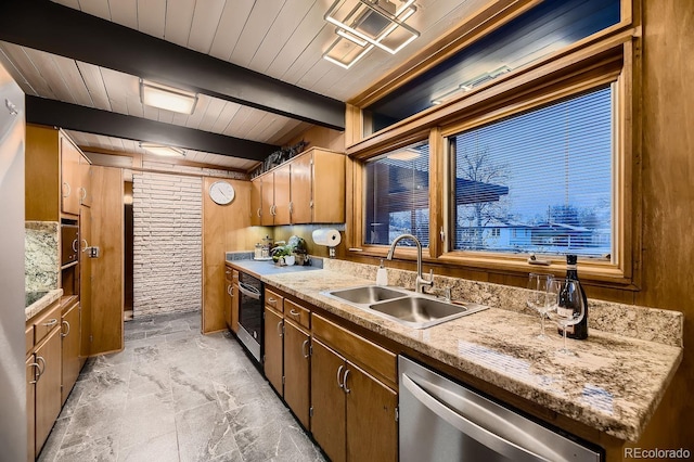 kitchen featuring sink, wooden ceiling, dishwasher, beamed ceiling, and oven