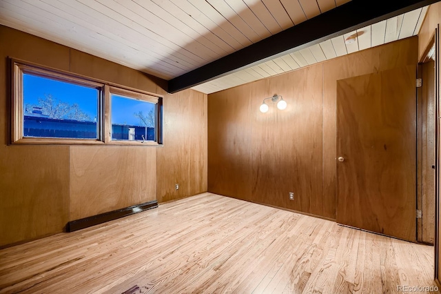 empty room featuring beamed ceiling, wooden ceiling, and wood walls